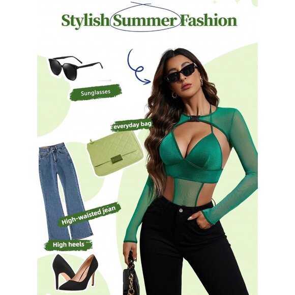 Women Green Festival Sexy Lingerie Bodysuit Buckle Shrug Crop Top Set Outfits - Picture 2 of 6